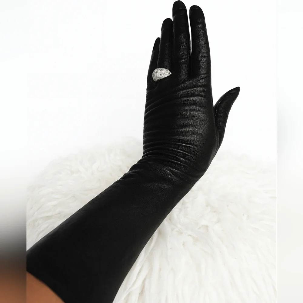 Vintage Midcle Length Fine Quality Black Leather Gloves7